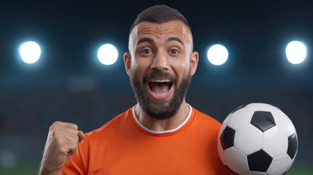 An enthusiastic male soccer player celebrates joyfully under bright stadium lights while holding a soccer ball, radiating excitement and passion for the sport.の素材