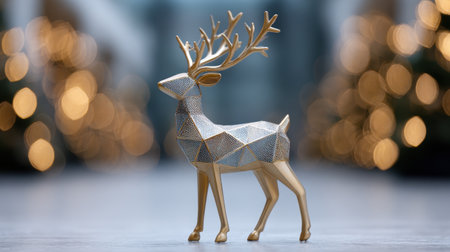 A stunning geometric gold reindeer figurine stands prominently against a soft bokeh background, perfect for adding a festive touch to holiday decor settings.の素材