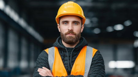 A confident construction worker stands in an industrial environment, wearing a yellow hard hat and reflective vest. His serious expression conveys professionalism and dedication to safety standards on the job site.の素材