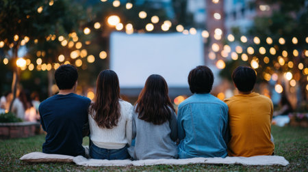 A cozy group of friends sits together on a blanket, enjoying an outdoor movie night under twinkling string lights, creating a warm, inviting atmosphere.の素材