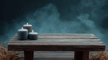 A serene composition featuring three blue candles atop a rustic wooden table, surrounded by soft fog that enhances the warm glow, creating a calm and soothing atmosphere.の素材