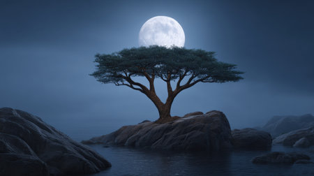 A stunning nighttime scene showcasing a solitary tree perched on a rock, illuminated by the bright full moon above, creating a peaceful atmosphere.の素材