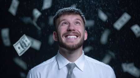 A man in a white shirt and tie smiles brightly as he looks up, surrounded by falling money bills, symbolizing joy and financial success in life.の素材