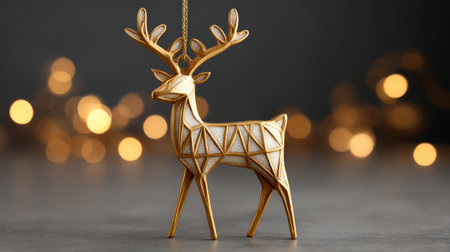 This elegant golden reindeer figurine features a geometric design that adds a modern touch to holiday decor. The soft bokeh background enhances its festive appeal.の素材