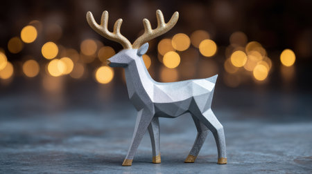This artistic geometric deer figurine features elegant antlers and a textured surface, set against a warm bokeh background, perfect for festive decor.の素材