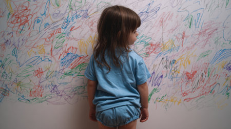 A young child wearing a blue shirt stands with their back to the viewer, gazing at a wall filled with vibrant, colorful scribbles. This image captures the essence of creative exploration and the joy of childhood.の素材