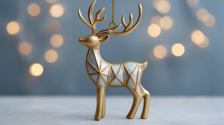 This stunning golden reindeer ornament features a unique geometric design, perfect for adding a touch of elegance to holiday decorations or festive celebrations.の素材
