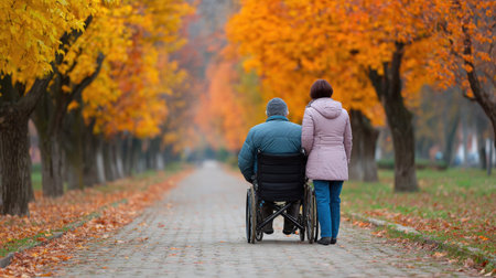 A touching scene of a wheelchair user and their companion walking together along a path lined with vibrant autumn trees, symbolizing care and connection.の素材
