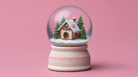 An enchanting winter snow globe featuring a charming house nestled among evergreen trees, set against a soft pink background, perfect for festive decor.の素材
