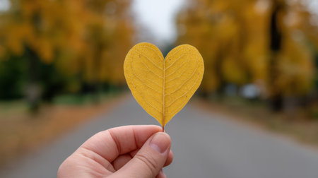A close-up of a hand holding a heart-shaped yellow leaf, set against a softly blurred autumn landscape. This image captures the essence of love and nature.の素材