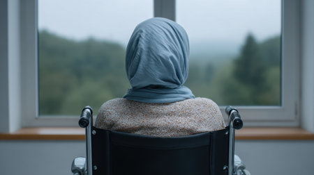 A thoughtful woman in a wheelchair wearing a headscarf gazes out of a window, reflecting on nature's beauty and embracing moments of tranquility.の素材