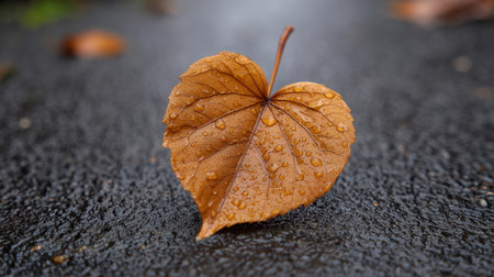 This image features a close-up view of a heart-shaped brown leaf with glistening water droplets, set against a dark, rain-soaked ground, capturing autumn's beauty.の素材