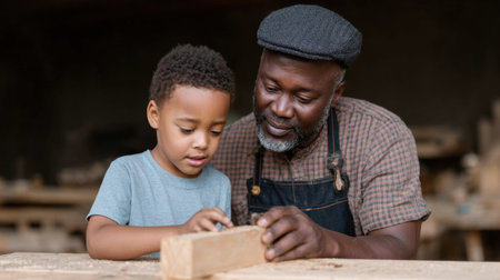 A touching moment between a grandfather and his grandson as they engage in woodworking, showcasing the joy of learning and bonding through craftsmanship.の素材