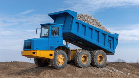 This image showcases a heavy-duty blue dump truck loaded with gravel, standing in a construction site. The truckの素材