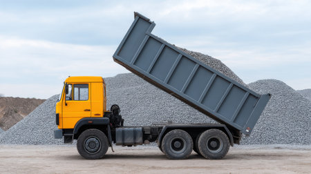 A yellow dump truck is positioned at a construction site with its bed raised, unloading gravel onto a large pile of stones in the background.の素材