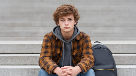 A young boy sits on stone steps with a serious expression, reflecting a moment of contemplation and individuality. His casual outfit and backpack emphasize a relatable youth lifestyle.の素材