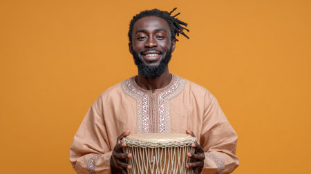 A joyful young man in traditional attire is holding a drum, radiating happiness and cultural pride against a vivid orange backdrop.の素材