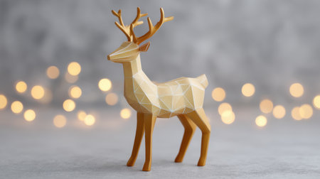 A stylized 3D polyhedral model of a deer with antlers set against a softly blurred background. This decorative piece is perfect for holiday themes and celebrations.の素材