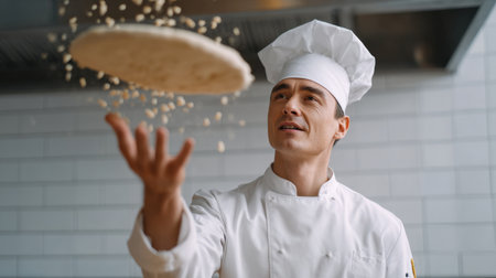 A dedicated male chef skillfully tossing pizza dough in a bright, modern kitchen. Flour fills the air as he showcases his culinary talent and passion for cooking.の素材