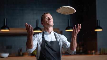 A skilled male chef demonstrating his tossing technique with pizza dough in a stylish kitchen, highlighting his expertise and passion for cooking.の素材