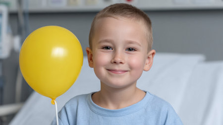 A young boy with a bright smile holds a yellow balloon in a hospital room, radiating warmth and positivity. This joyful moment highlights the importance of hope and support in healthcare settings.の素材
