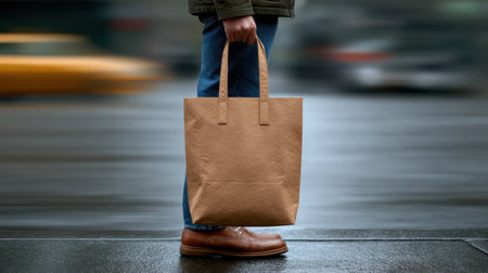 A person stands on a busy city street holding a brown tote bag, showcasing a blend of urban lifestyle and casual fashion amid a blurred setting.の素材