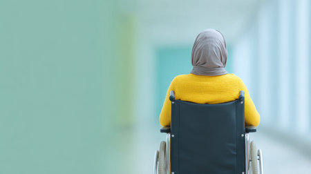 This image showcases a woman in a wheelchair wearing a hijab, seated in a bright and modern space, representing empowerment and accessibility.の素材