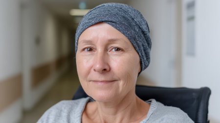 A confident middle-aged woman wearing a headscarf sits in a wheelchair, portraying strength and serenity in a medical facility corridor.の素材