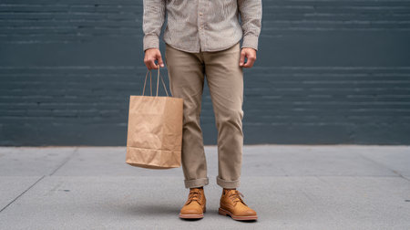 A young man stands casually on the street, showcasing a brown paper shopping bag. His attire is stylish yet relaxed, embodying modern urban fashion.の素材