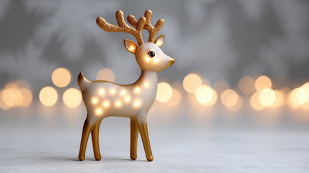 A charming golden reindeer figurine adorned with lights creates a warm and festive atmosphere, perfect for holiday decorations and winter celebrations.の素材