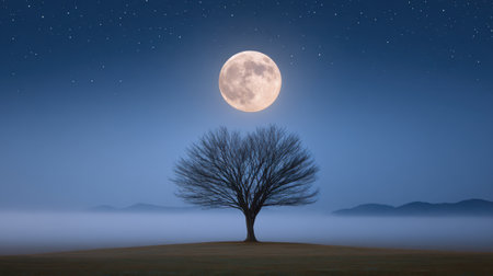 A serene night landscape featuring a bare tree silhouette against a glowing full moon. The starry sky adds a dreamy ambiance to this tranquil setting.の素材