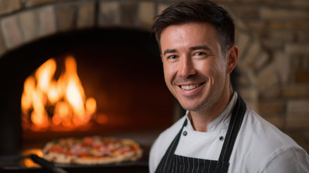 A cheerful male chef works in a rustic kitchen beside a warm wood-fired oven, showcasing a freshly baked pizza, embodying passion for culinary arts.の素材