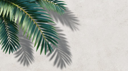 A closeup of lush green palm leaves casting delicate shadows on a light textured background, perfect for themes of nature, tranquility, and design.の素材