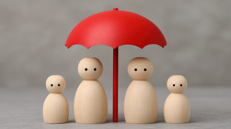 A charming arrangement of wooden figures huddled under a bright red umbrella, symbolizing family unity, protection, and love in a minimalistic style.の素材