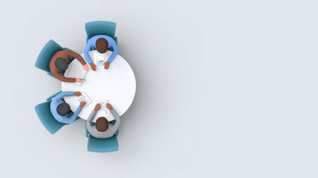 A diverse group of individuals engages in a collaborative brainstorming session around a round table in a modern office environment, emphasizing teamwork and innovation.の素材