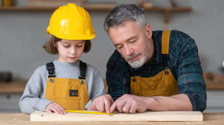 A heartwarming scene of a grandfather guiding his granddaughter in a woodworking project. They share a moment of creativity and learning in a well-equipped workshop.の素材
