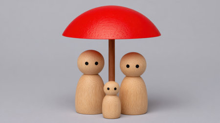This image depicts wooden figurines of a family sheltering under a red umbrella, representing themes of protection and togetherness in a modern context.の素材