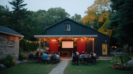 A charming outdoor theater scene features an audience seated under string lights, enjoying a film screening in a cozy rustic venue surrounded by nature.の素材
