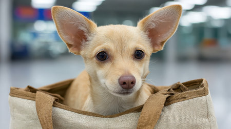 A charming small tan dog with big ears peeks out from a travel bag, showcasing a friendly expression in a modern airport setting.の素材