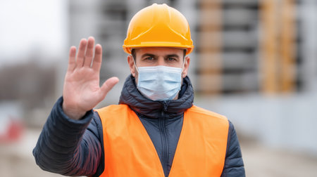 A focused construction worker in an orange vest and hard hat stands at a building site, signaling to halt while wearing a protective mask, ready for any situation.の素材