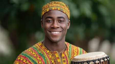 This captivating portrait features a smiling man in vibrant traditional attire, holding a drum, radiating joy and cultural pride in a natural outdoor setting.の素材