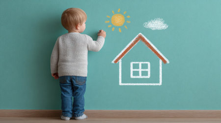 A young child joyfully creates a chalk drawing of a house and sunshine on a vibrant wall, capturing the essence of childhood creativity and innocence.の素材