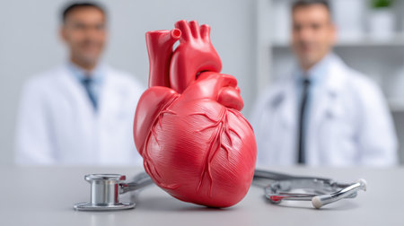 This image features a detailed anatomical model of a human heart set on a table with two medical professionals in the background, ideal for healthcare topics.の素材