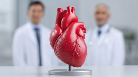 A realistic heart model is showcased in a medical office where two doctors engage in discussion about anatomy and health, emphasizing education and care.の素材