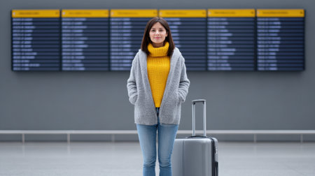 A young woman stands confidently at an airport terminal, waiting for her flight. The bright departure board in the background sets the travel mood.の素材