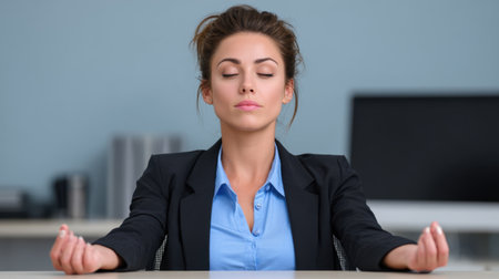 A serene young woman in business attire practices mindfulness meditation in a modern office. This image captures relaxation and focus, showcasing the importance of mental wellness in a work environment.の素材