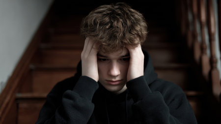 A young person wearing a black hoodie sits on wooden stairs with their hands on their head, portraying deep feelings of stress and anxiety.の素材