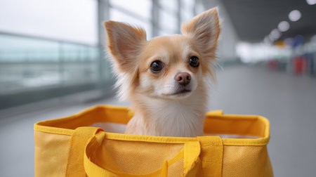 A cute chihuahua dog peeks out from a bright yellow bag in a modern airport terminal, capturing the essence of travel and companionship with charm.の素材