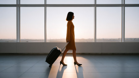 The image captures a silhouette of a woman walking with luggage in an airport terminal, illuminated by the warm glow of sunrise coming through large windows.の素材