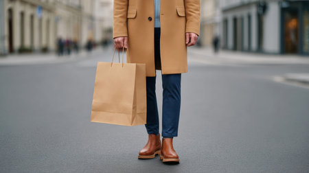 A fashionable man stands confidently on a city street, holding a paper shopping bag. His stylish outfit features a long coat and trendy boots, perfect for urban life.の素材